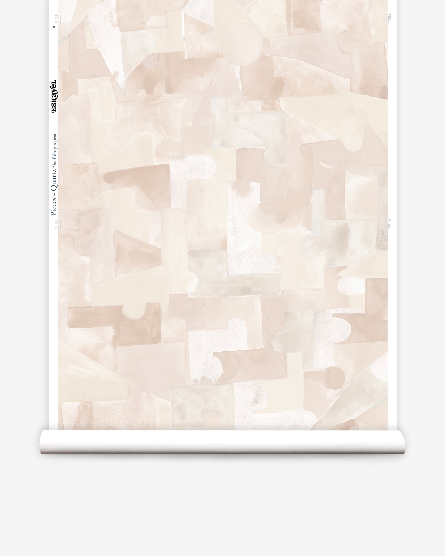 Wallpaper roll in a geometric puzzle piece watercolor pattern in pastel pink. 