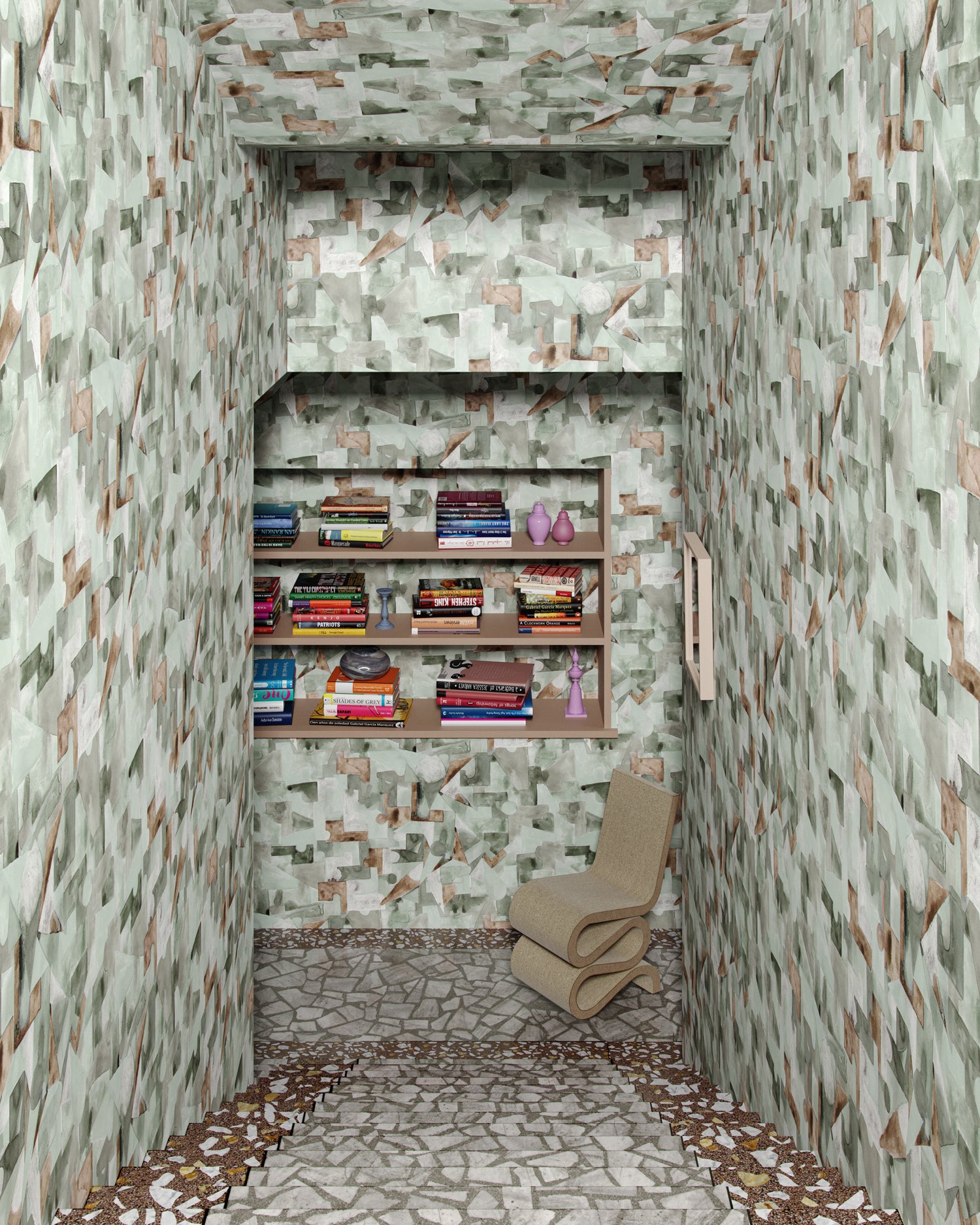 Stone staircase down to a landing with chair and built in book case surrounded by green abstract puzzle wallpaper. 