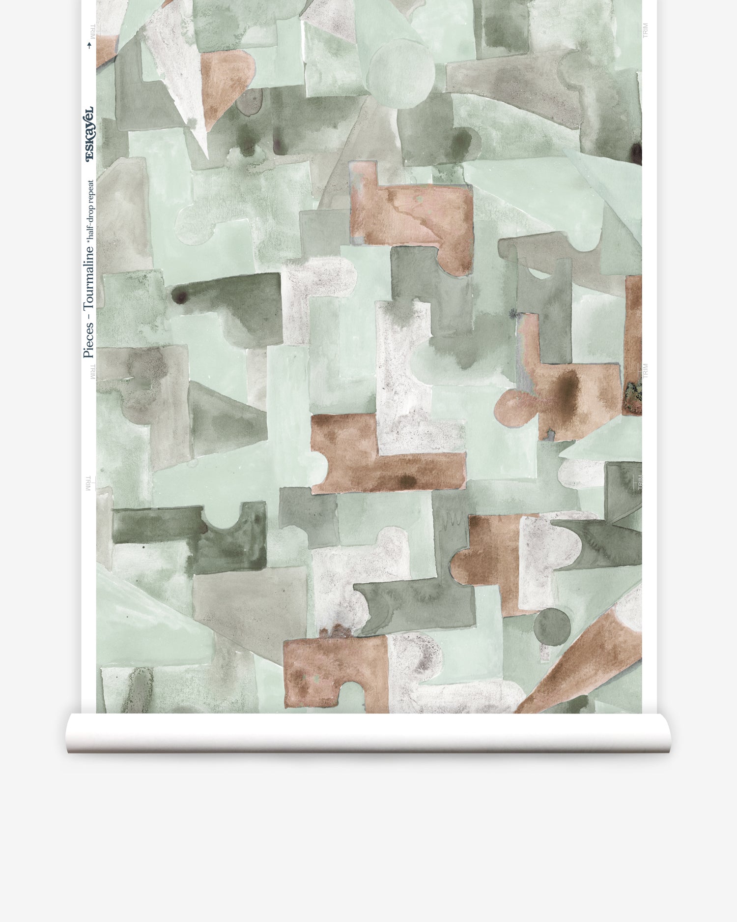 Wallpaper roll in an geometric puzzle piece watercolor pattern in sage green, grey and brown. 