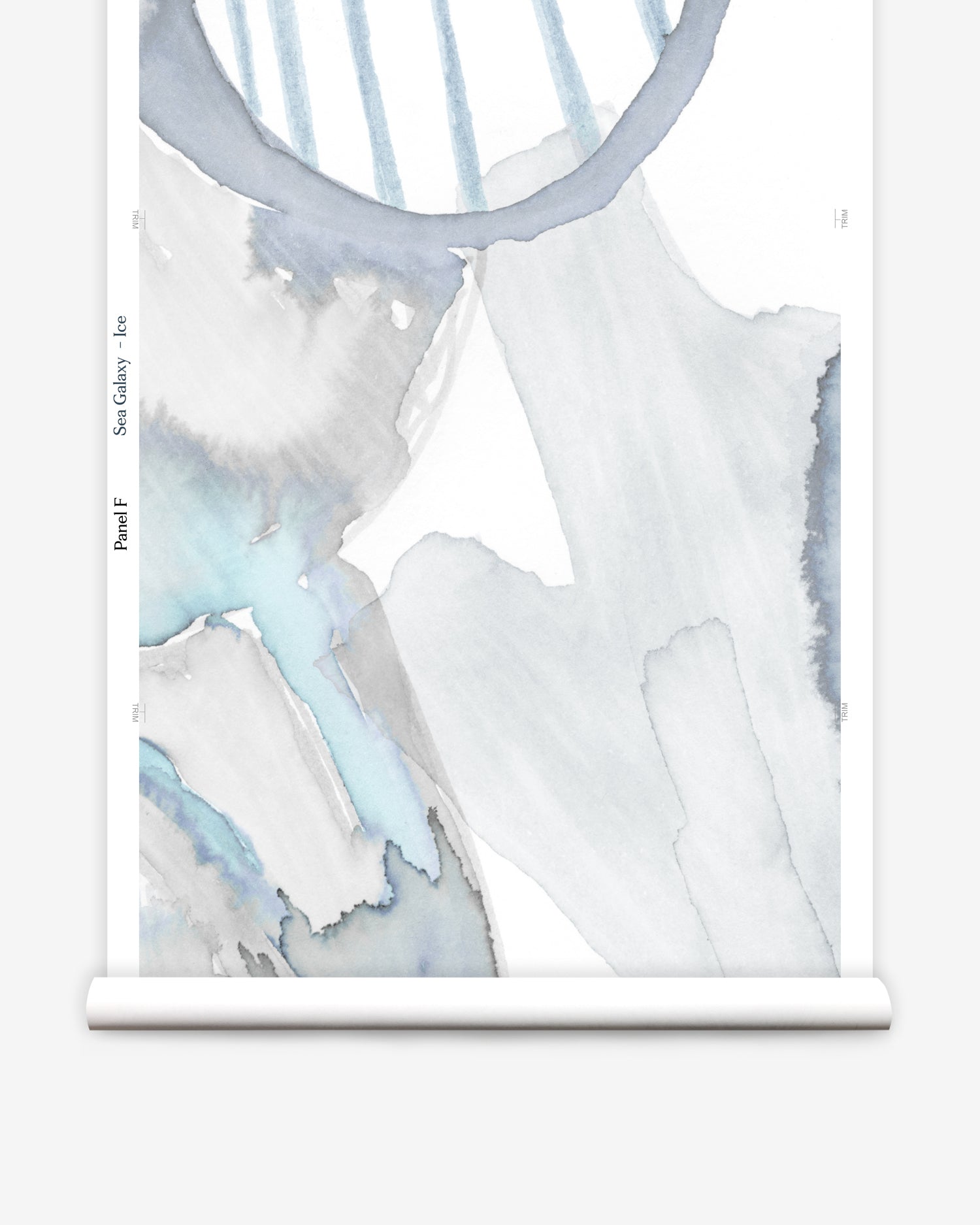 Wallpaper roll in a watercolor watercolor print in shades of gray on a white field.
