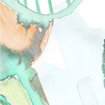 Wallpaper detail in a watercolor watercolor print in shades of purple, orange and green on a white field.