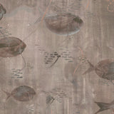 Wallpaper detail in an watercolor oceanic fish pattern in warm taupe.