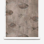 Wallpaper roll in an watercolor oceanic fish pattern in warm taupe.