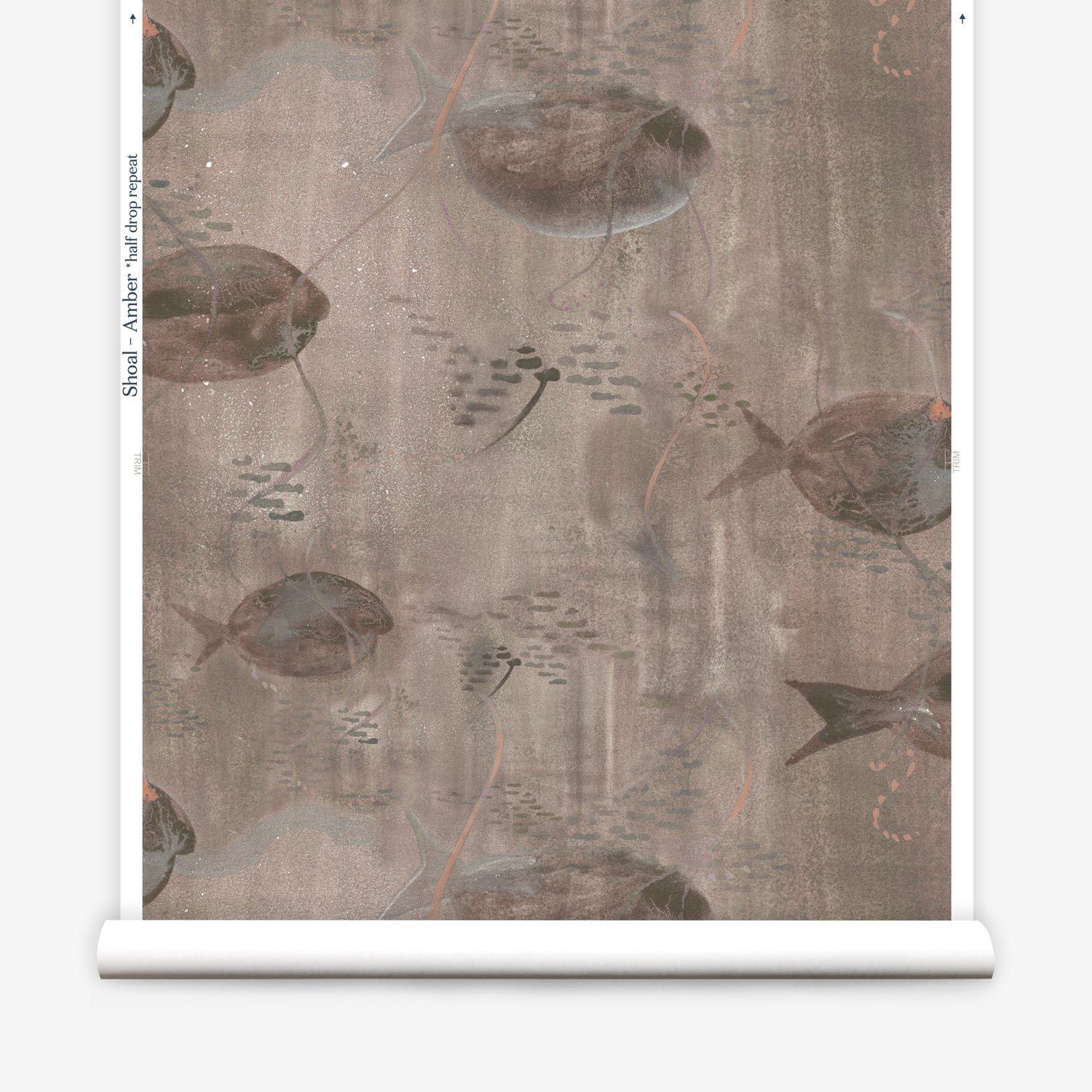 Wallpaper roll in an watercolor oceanic fish pattern in warm taupe.