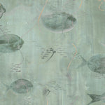 Wallpaper detail in an watercolor oceanic fish pattern in sage green. 