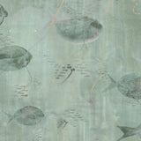 Wallpaper detail in an watercolor oceanic fish pattern in sage green. 