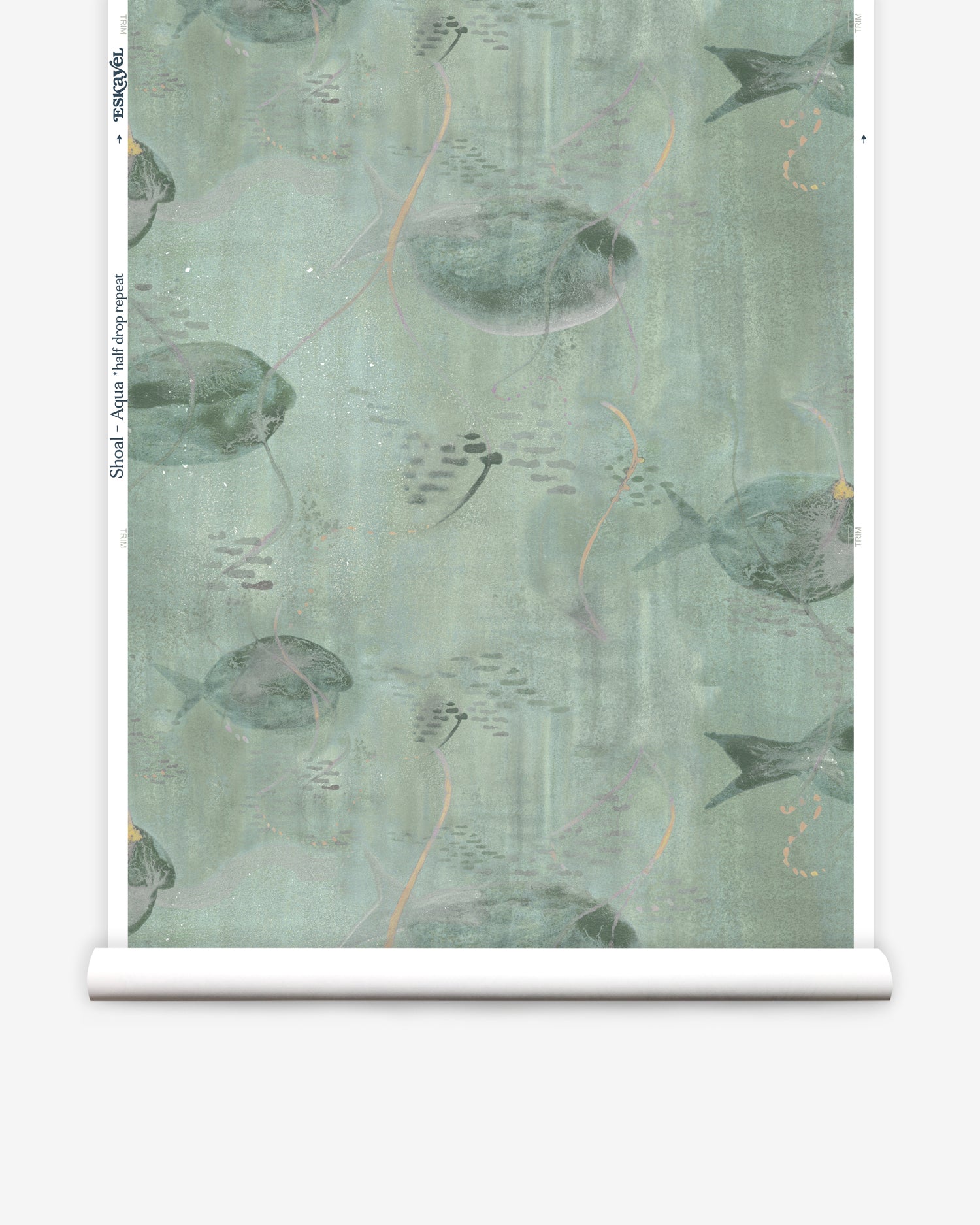 Wallpaper roll in an watercolor oceanic fish pattern in sage green. 