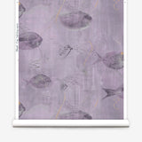 Wallpaper roll in an watercolor oceanic fish pattern light purple. 