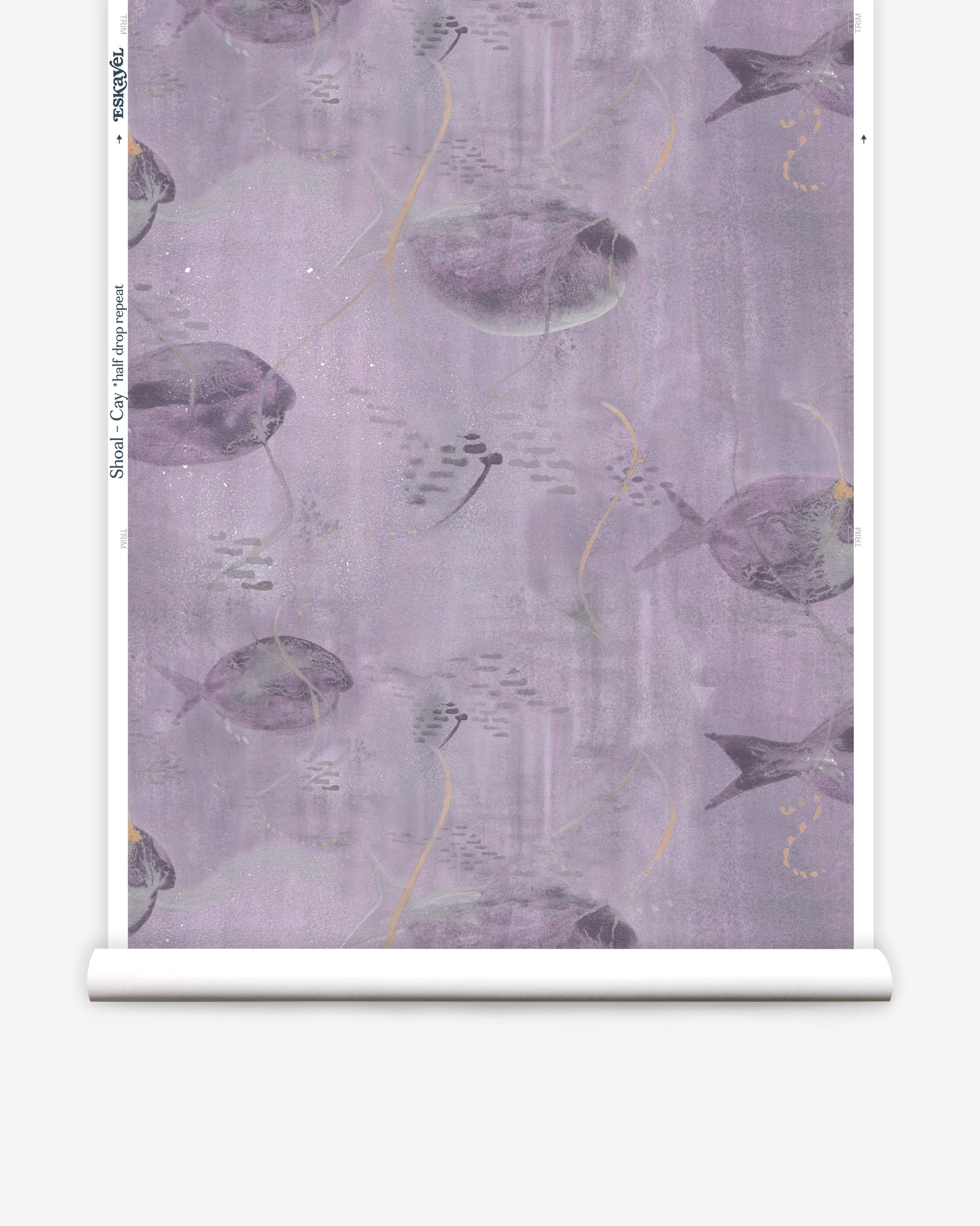 Wallpaper roll in an watercolor oceanic fish pattern light purple. 