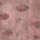 Wallpaper detail in an watercolor oceanic fish pattern in warm clay red. 