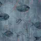 Wallpaper detail in an watercolor oceanic fish pattern in navy blue. 