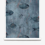 Wallpaper roll in an watercolor oceanic fish pattern in warm tan. n an watercolor oceanic fish pattern in navy blue. 
