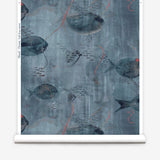 Wallpaper roll in an watercolor oceanic fish pattern in warm tan. n an watercolor oceanic fish pattern in navy blue. 