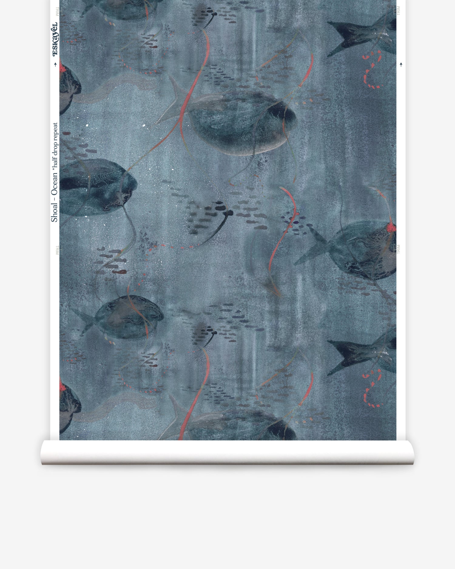 Wallpaper roll in an watercolor oceanic fish pattern in warm tan. n an watercolor oceanic fish pattern in navy blue. 