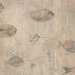 Wallpaper detail in an watercolor oceanic fish pattern in warm tan. 