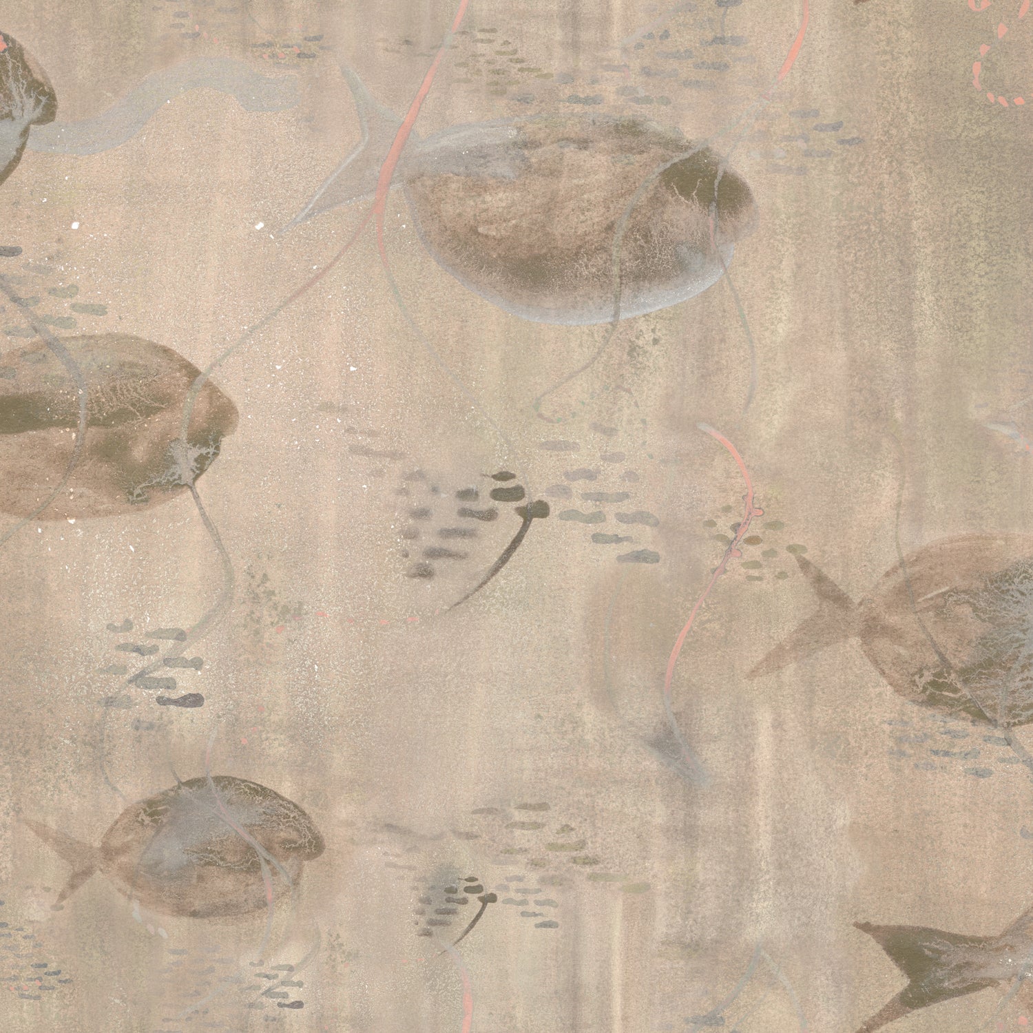 Wallpaper detail in an watercolor oceanic fish pattern in warm tan. 
