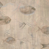 Wallpaper detail in an watercolor oceanic fish pattern in warm tan. 