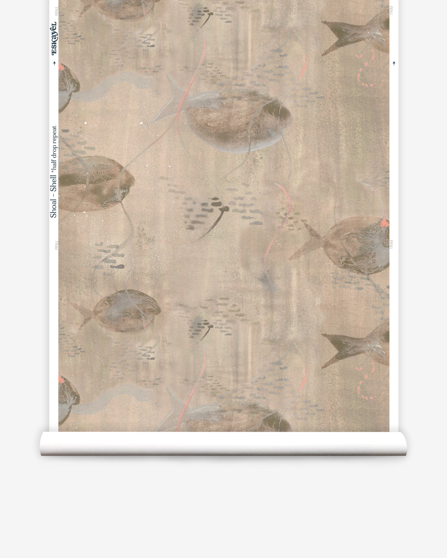 Wallpaper roll in an watercolor oceanic fish pattern in warm tan. 