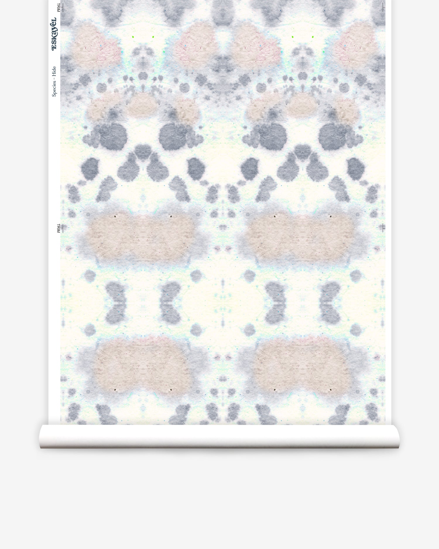 Wallpaper roll in a watercolor inkblot print in pastel pink and purple on a cream field.