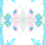 Wallpaper detail  in a watercolor ink splash print in shades of blue and green on a cream field.