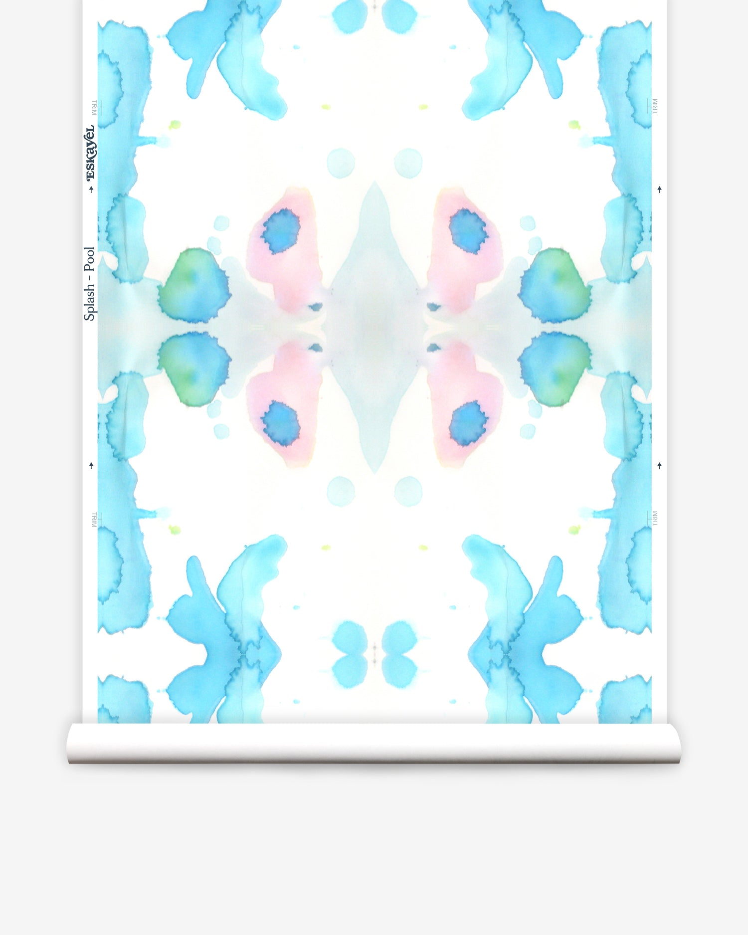 Wallpaper roll in a watercolor ink splash print in shades of blue and green on a cream field.