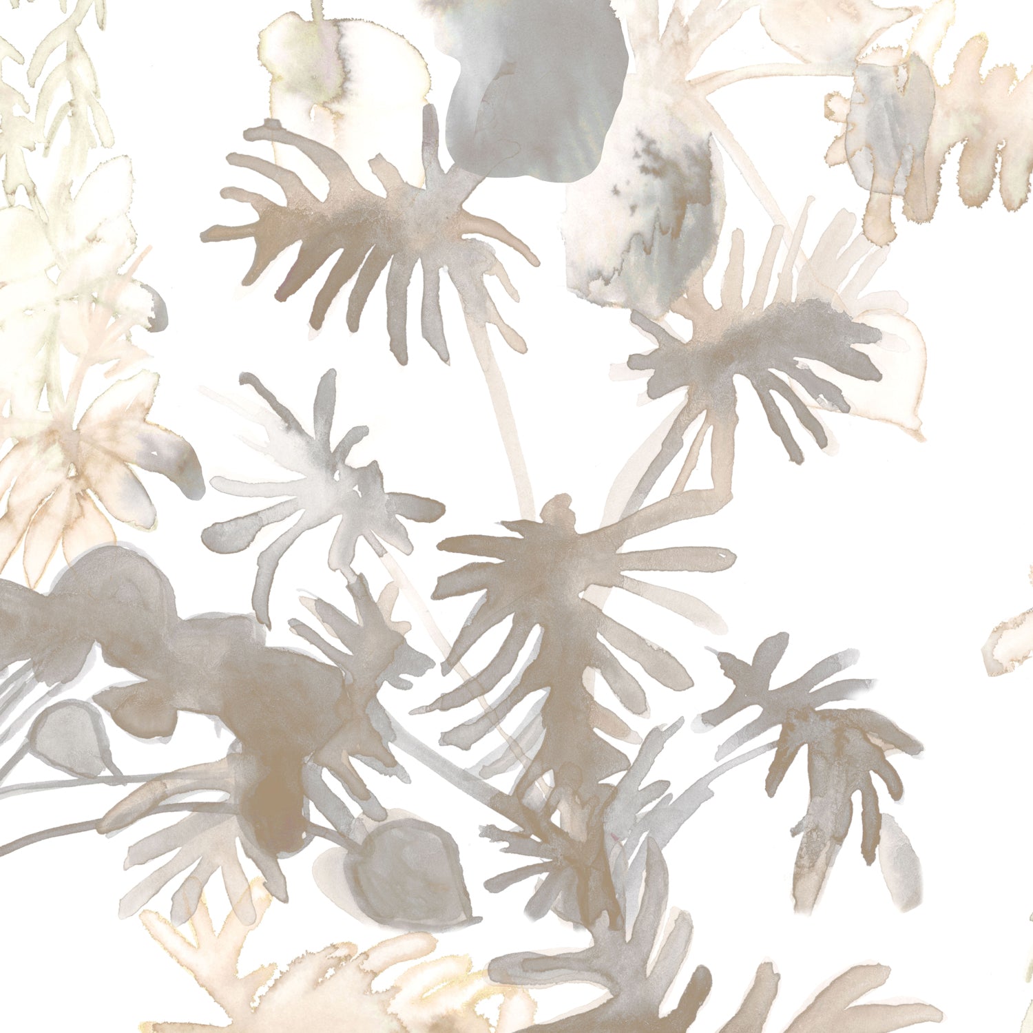 Wallpaper detail in an watercolor palm frond pattern in shades of beige and tan. 