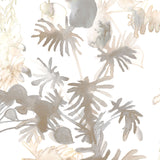 Wallpaper detail in an watercolor palm frond pattern in shades of beige and tan. 