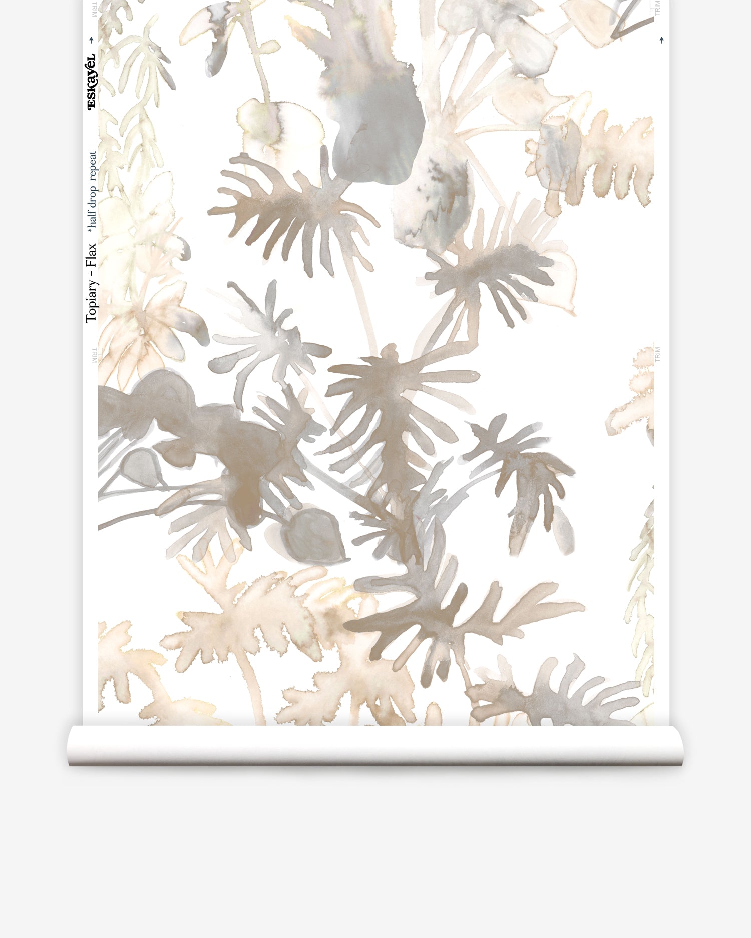 Wallpaper roll in an watercolor palm frond pattern in shades of beige and tan. 
