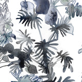 Wallpaper detail in an watercolor palm frond pattern in shades of dark blue. 