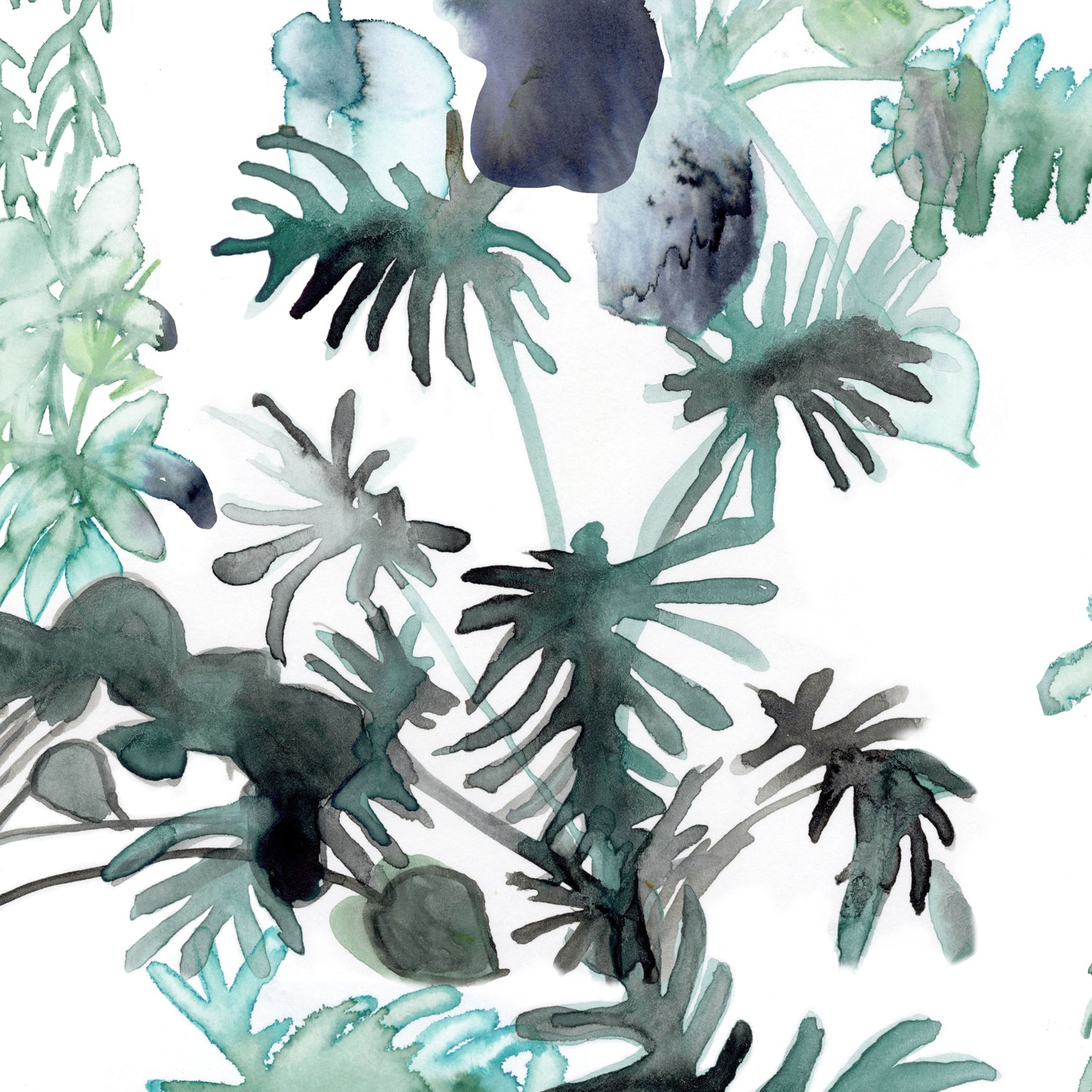 Wallpaper detail in an watercolor palm frond pattern in shades of teal and green. 