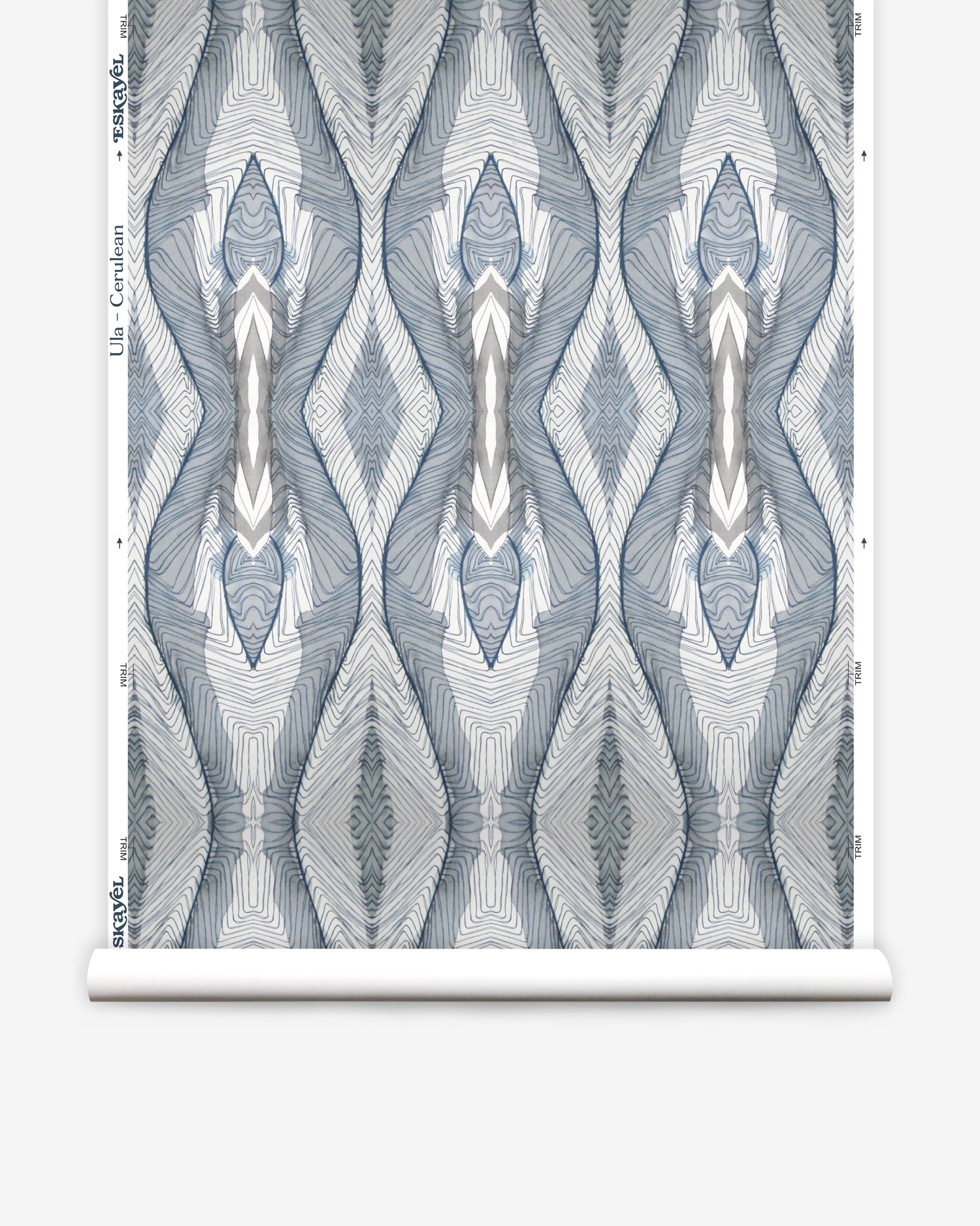 Wallpaper roll in a watercolor diamond print in shades of gray and navy on a cream field.