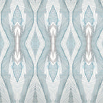 Wallpaper detail in a watercolor diamond print in shades of gray and blue on a cream field.