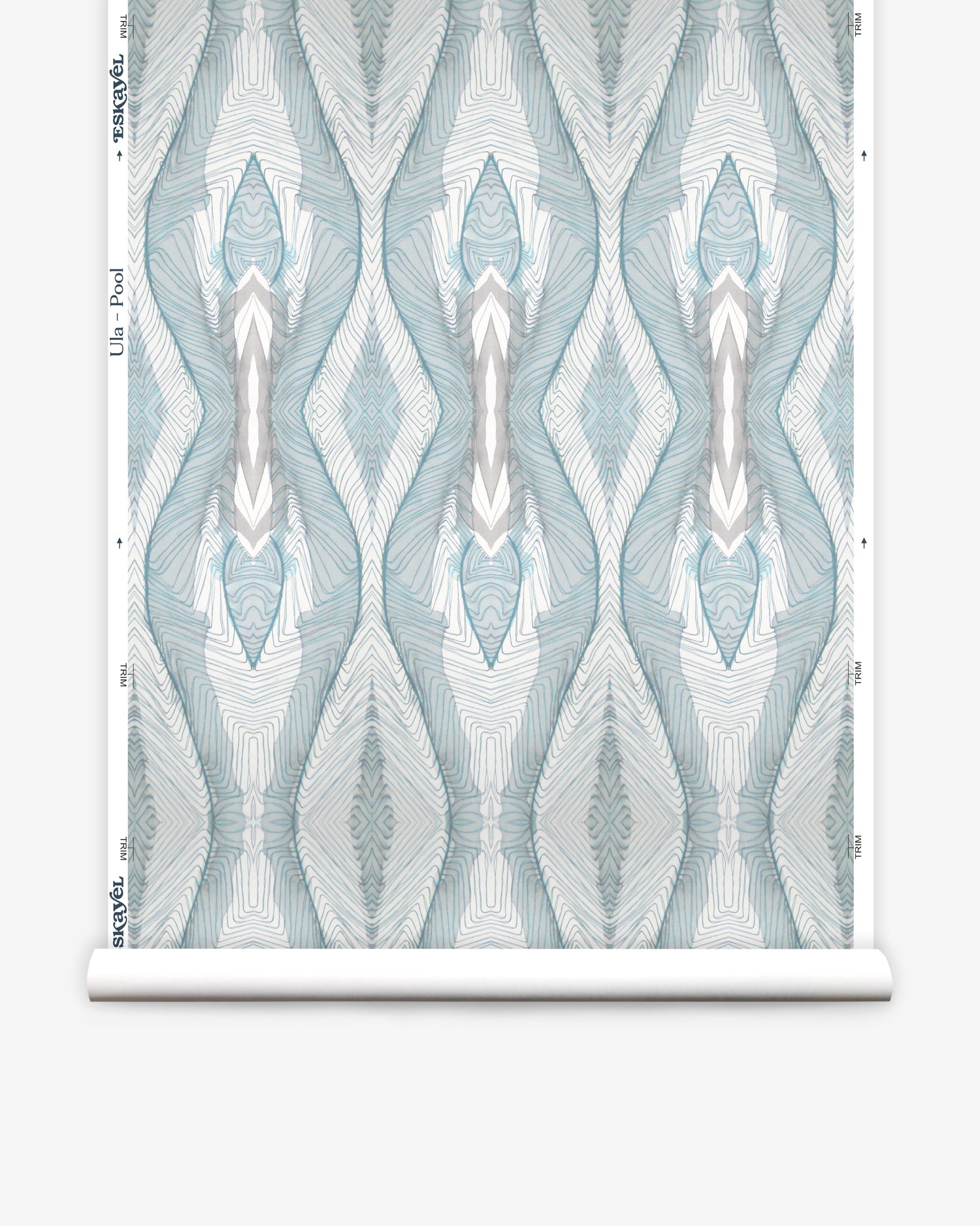 Wallpaper roll in a watercolor diamond print in shades of gray and blue on a cream field.