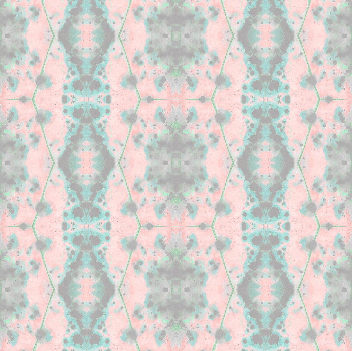 Detail of wallpaper in a painterly gometric stripe in gray, blue and green on a pink field.
