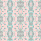 Detail of wallpaper in a painterly gometric stripe in gray, blue and green on a pink field.