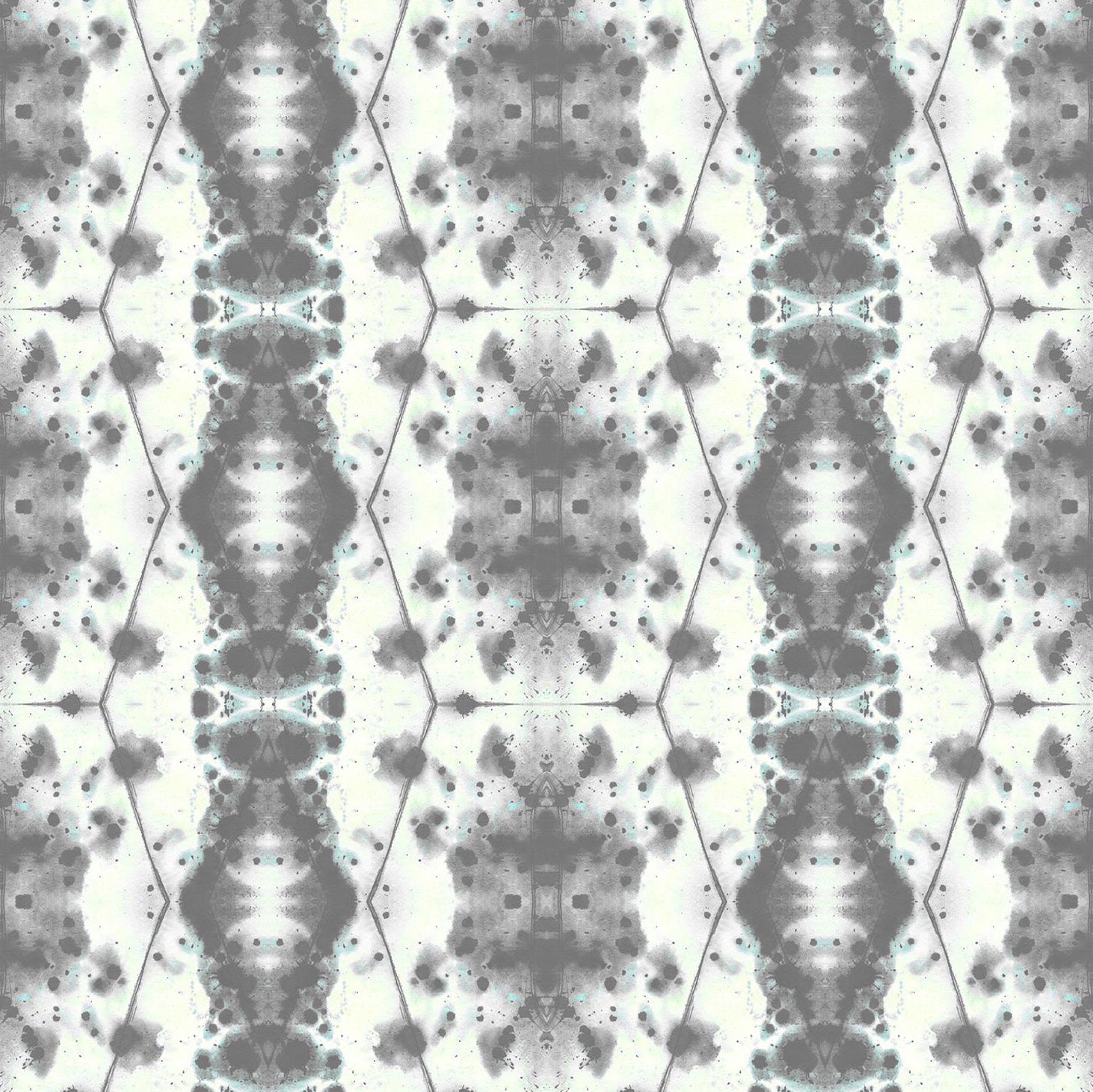 Detail of wallpaper in a painterly gometric stripe in gray and blue on a cream field.