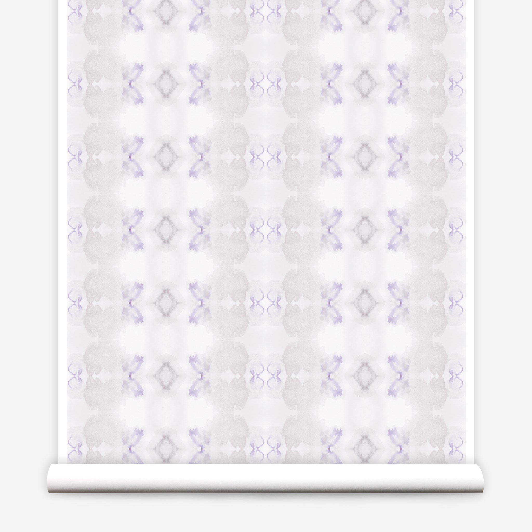 Partially unrolled wallpaper yardage in a striped ink blot print in shades of tan and purple on a cream field.