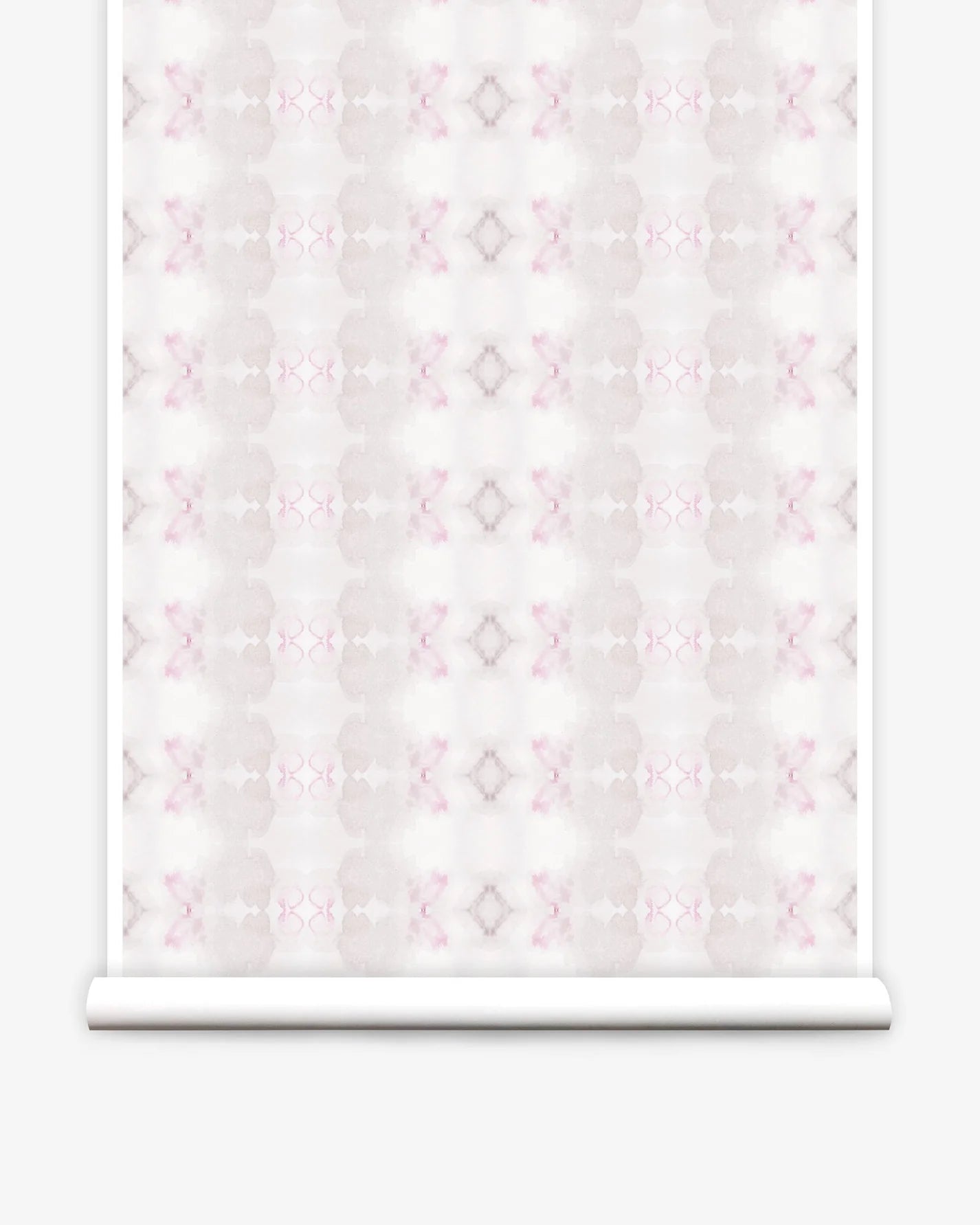 Partially unrolled wallpaper yardage in a striped ink blot print in shades of tan and pink on a cream field.