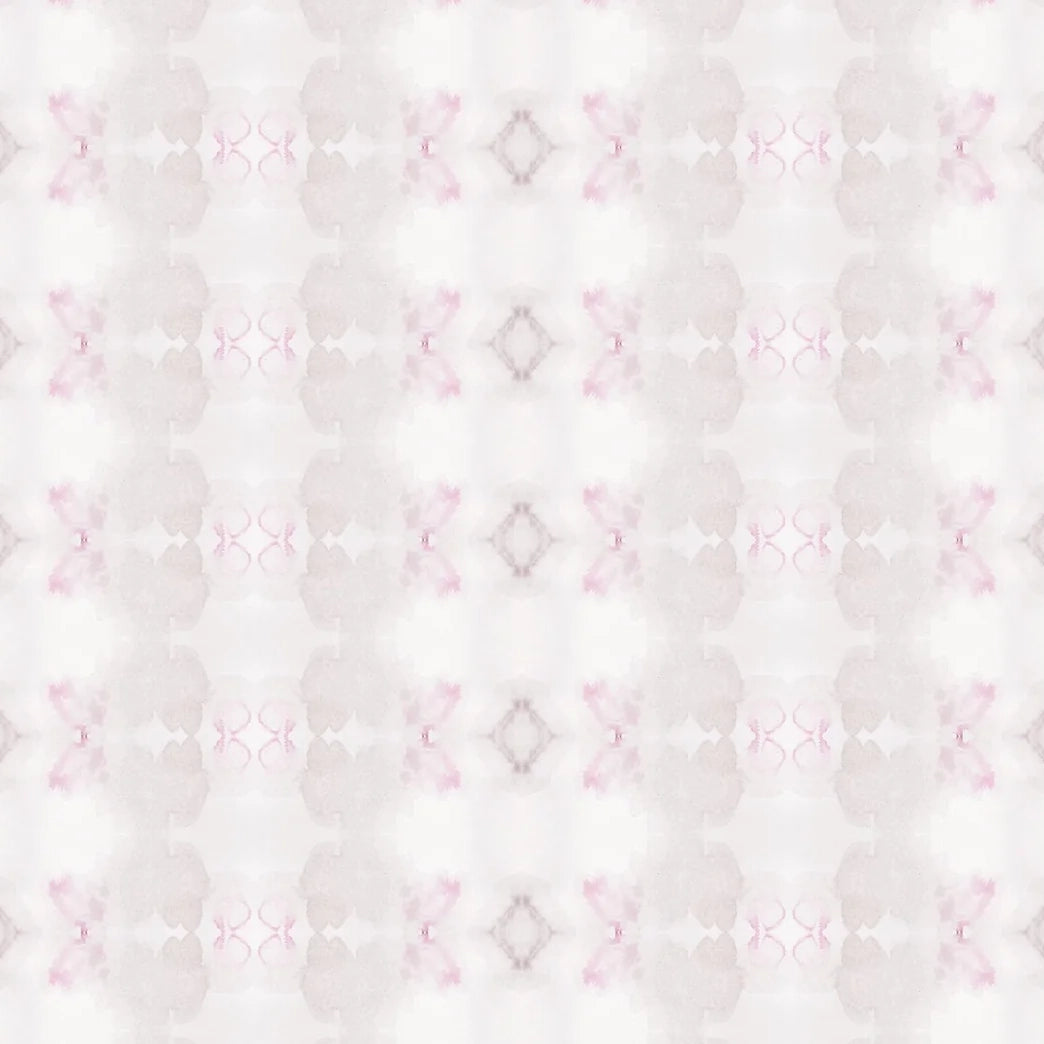 Detail of wallpaper in a striped ink blot print in shades of tan and pink on a cream field.