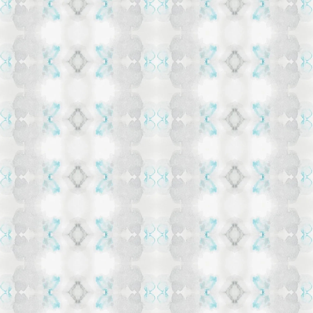 Detail of wallpaper in a striped ink blot print in shades of gray and turquoise on a cream field.