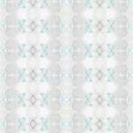 Detail of wallpaper in a striped ink blot print in shades of gray and turquoise on a cream field.