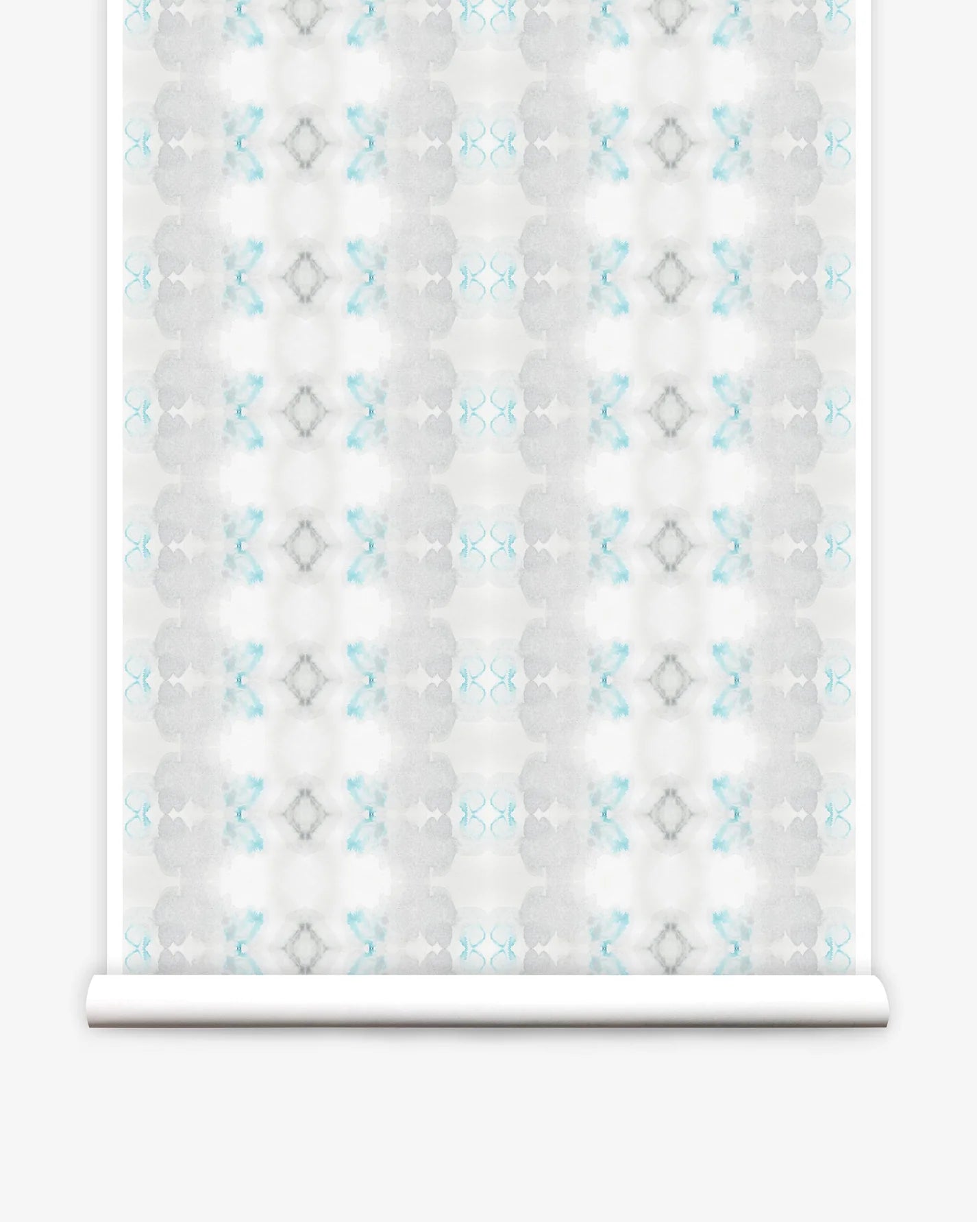 Partially unrolled wallpaper yardage in a striped ink blot print in shades of gray and turquoise on a cream field.