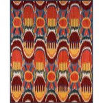 Ikat rug with red, orange, and blue colors on a white background
