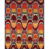Ikat rug with red, orange, and blue colors on a white background