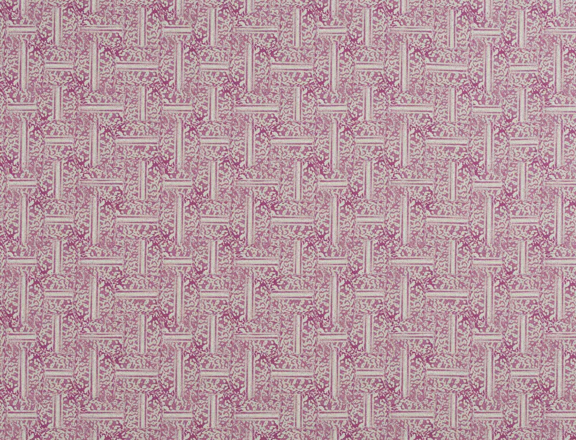 Detail of fabric in a geometric grid pattern in purple on a cream field.