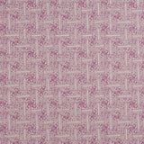 Detail of fabric in a geometric grid pattern in purple on a cream field.
