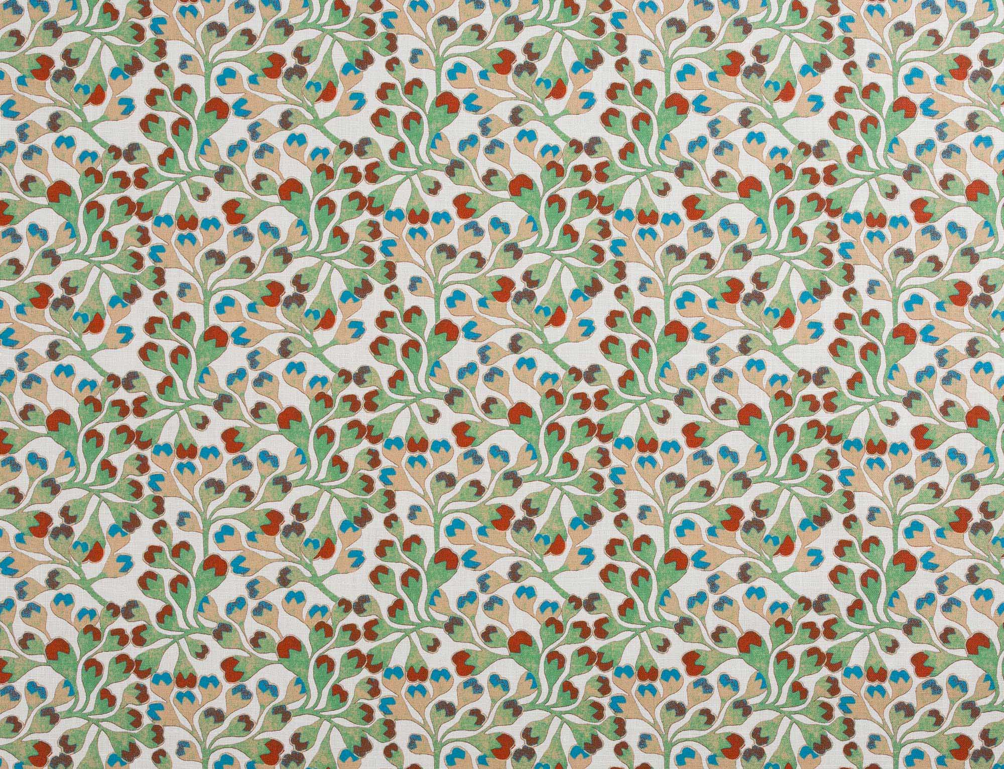 Detail of fabric in an abstract botanical print in green, red and tan on a white field.