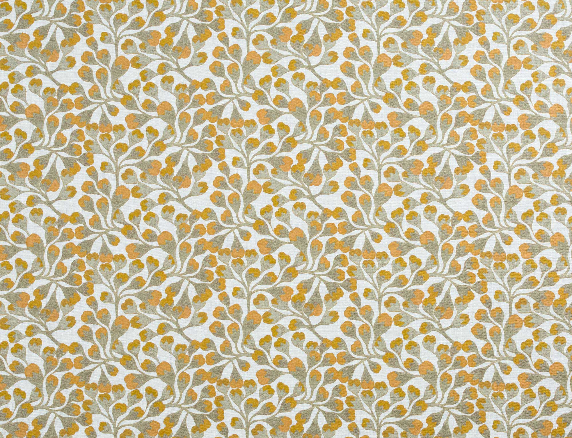 Detail of fabric in an abstract botanical print in gold and gray on a white field.