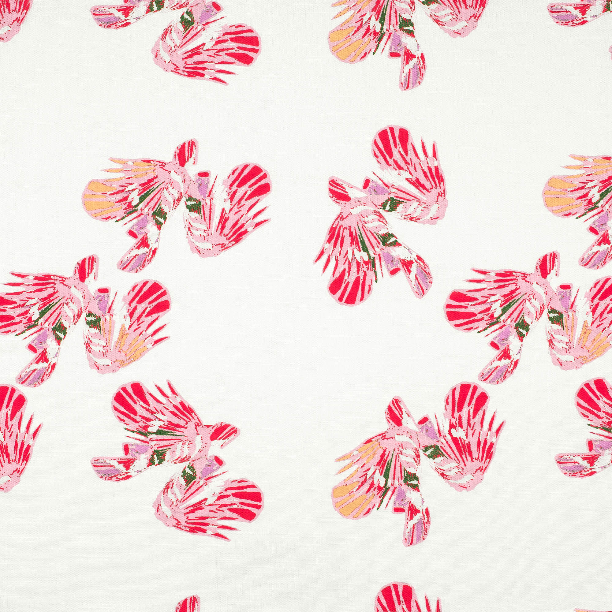 Detail of fabric in a playful feather print in pink, purple and orange on a cream field.