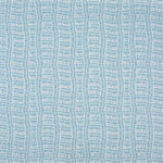 Detail of fabric in a playful curvy grid print in blue and gray on a white field.